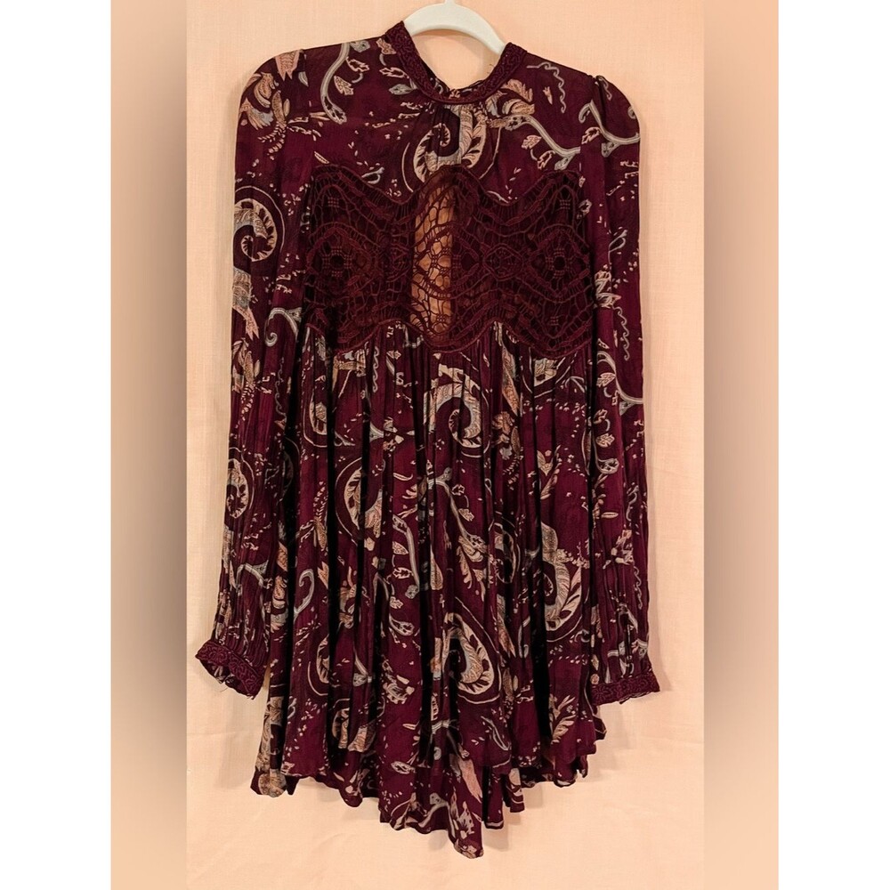 Free People Sweet Thing Boho Lace Paisley Tunic Dress in Deep Burgundy Wine